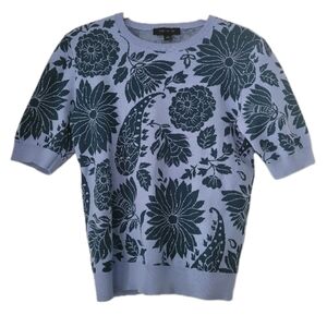 Ann Taylor Floral Jacquard Sweater Shirt Ribbed Paisley Green Blue Short Sleeve